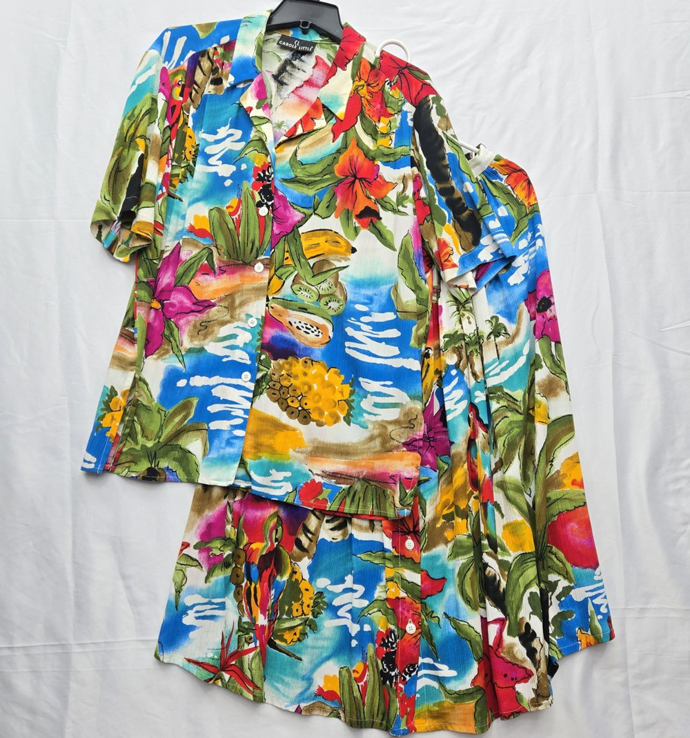 VTG Carol Little 2 Pc Set Outfit Pleated Midi Skirt Shirt Multi Tropical USA 10